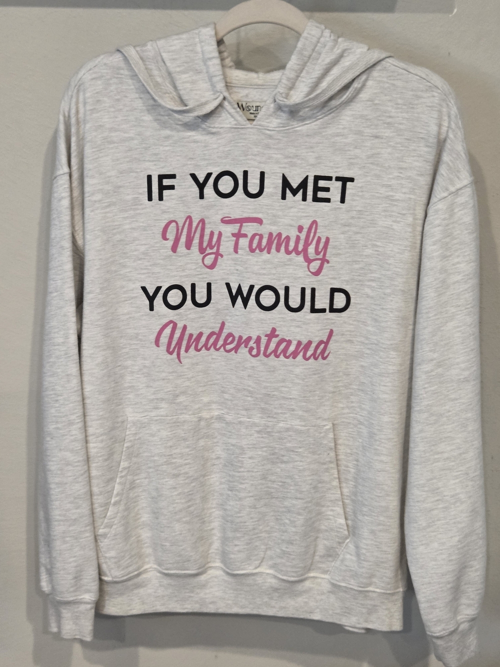 Wound Up Light Gray Hoodie with Pink & Black Script